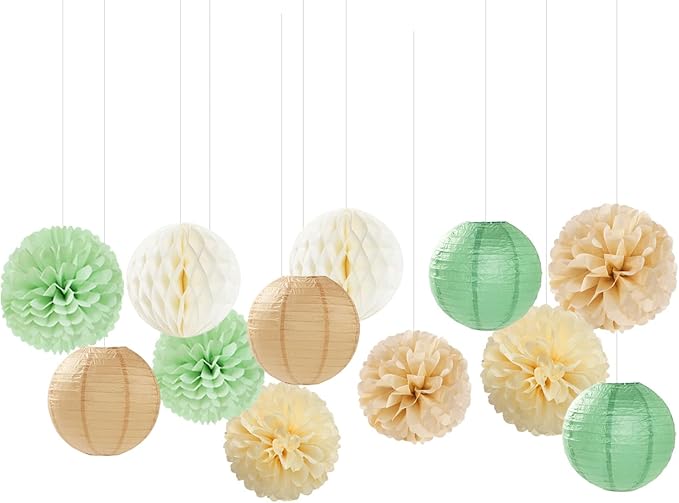 Sage Green Boho Party Decorations Paper Flowers Lanterns
