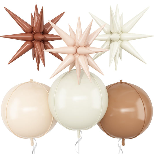 6Pcs Sand White Brown Foil Balloons,22Inch Cream Beige Tan 4D Round