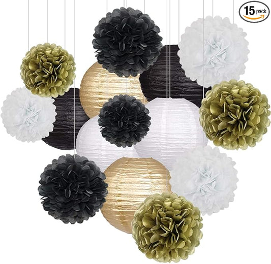 Black Gold Party Decorations, Black Gold Paper Lanterns and Pom Poms