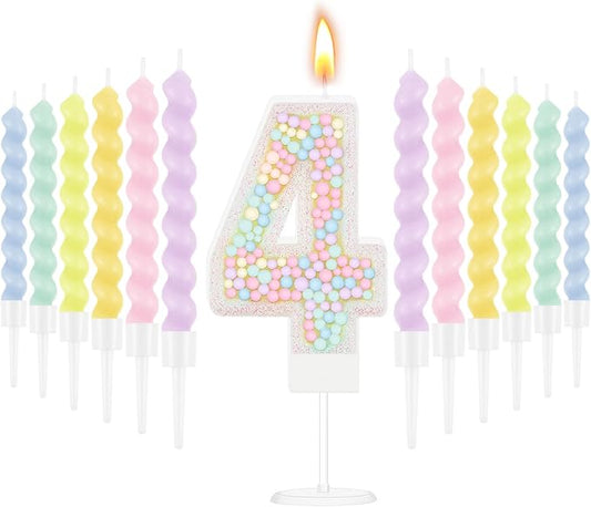 MTLEE Number 4 Birthday Candle with 12 Pcs Spiral Candles for Girls Ma