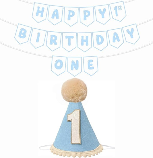 First Birthday Decorations for Boy Blue One Birthday Hat and Pre