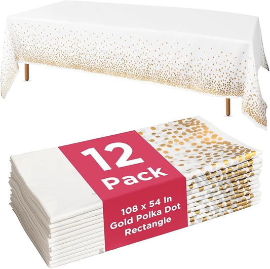 Prestee 12-Pack White and Gold Tablecloth - 54x108 Inch - Disposable