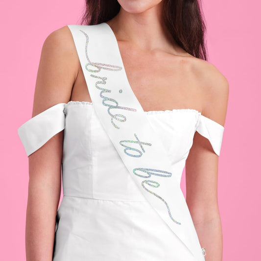 xo, Fetti White Satin Bride to Be Sash, Iridescent Foil | Bachelorette