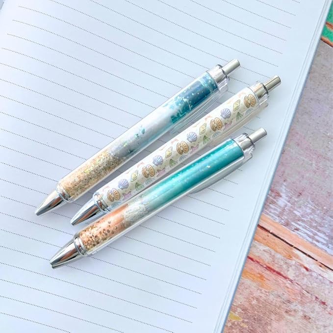 8PC Glittery Beach Pens Cute Sparkly Sea Shells Coconut Trees Sea