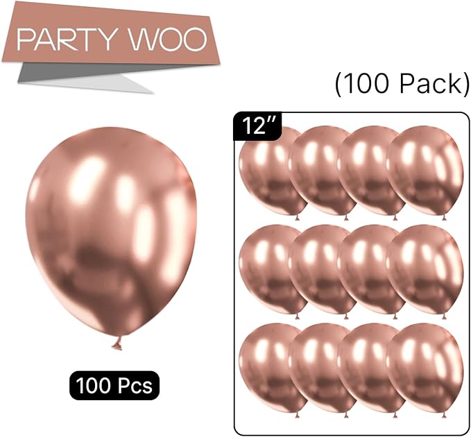 PartyWoo Rose Gold Balloons 100pcs 12 Inch Metallic Chrome Rose Gold