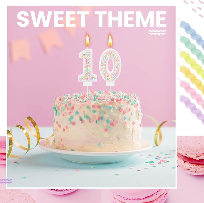 MTLEE Number 10 Birthday Candle with 12 Pcs Spiral Candles for Girls
