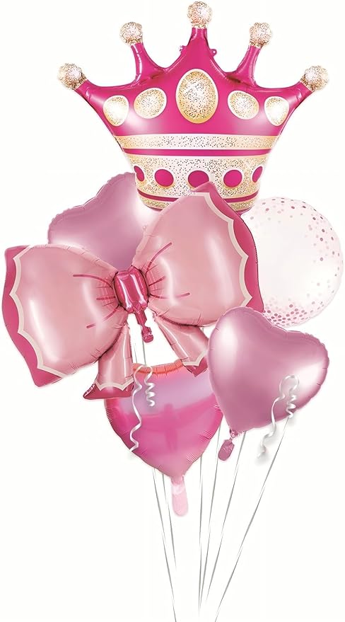 Princess Crown and Hearts Foil Balloon Bouquet Pink 5 Piece Party