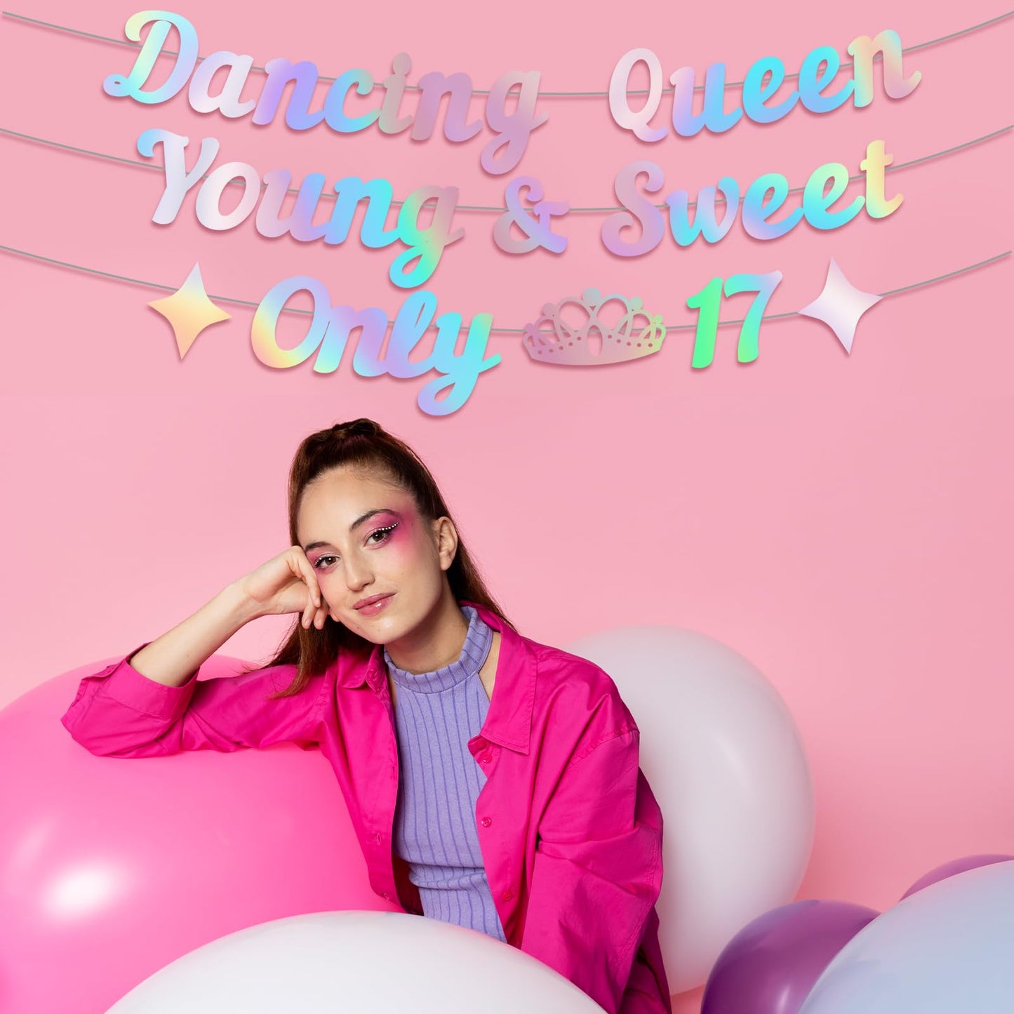 Generic Dancing Queen Young & Sweet Only 17 Banner, Iridescent Happy