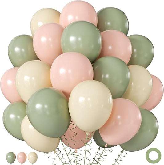 Sage Green Pink White Balloons, 60Pcs 12 Inch Pink and Green Balloons