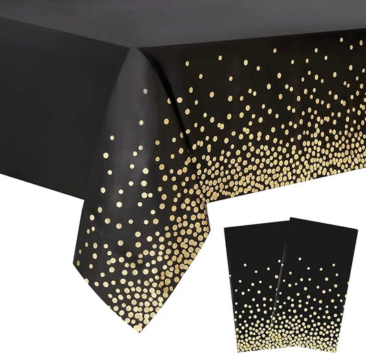 2 Packaging Black and Gold Plastic Tablecloth, 54 inch x108 inch