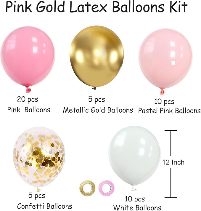 Pink and Gold Balloons Set, 50pcs 12 inch Pink White Gold Latex