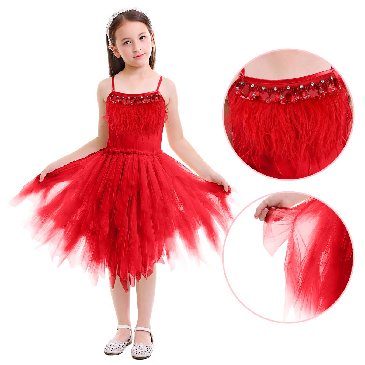 Kids Girls Spaghetti Strap Lace Feather Fringes Tutu Tulle Swan