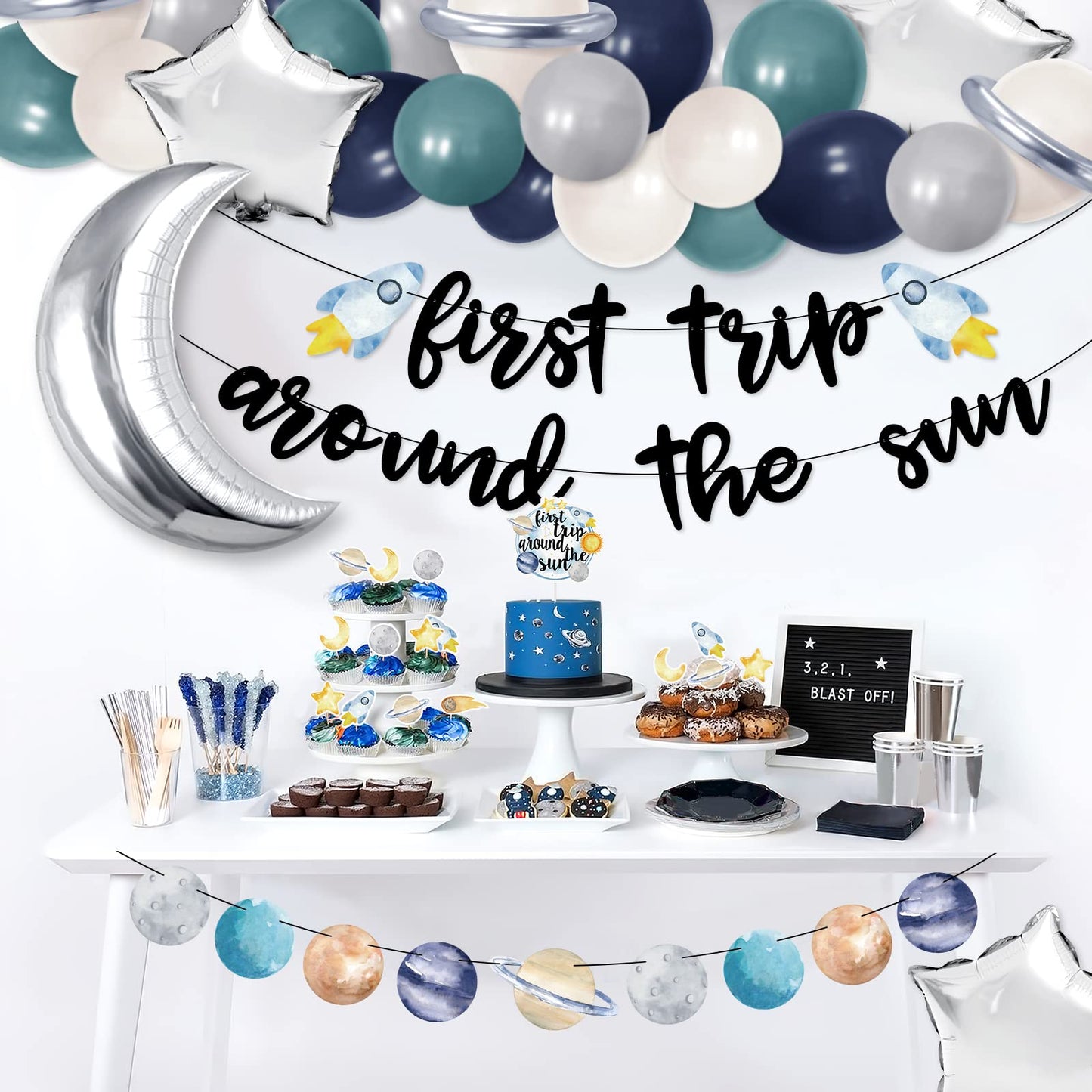 First trip Around the Sun Birthday Decorations -58pcs Outer Space 1st