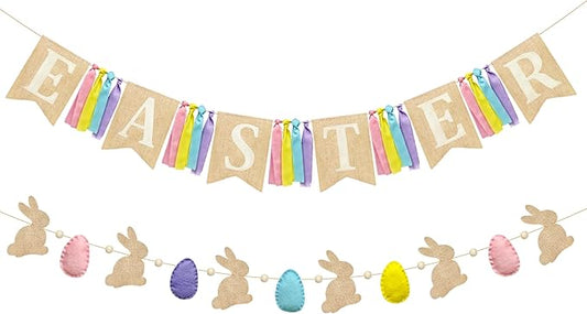 Easter Party Decorations Burlap Rabbit Bunny 3D Felt Egg with Wood