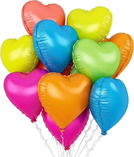 Neon Heart Balloons, 18 Inch Rainbow Heart Shape Foil Balloon, 12 Pcs