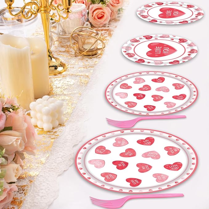 96 Pieces Valentine's Day Tableware Set Red and Pink Heart Message