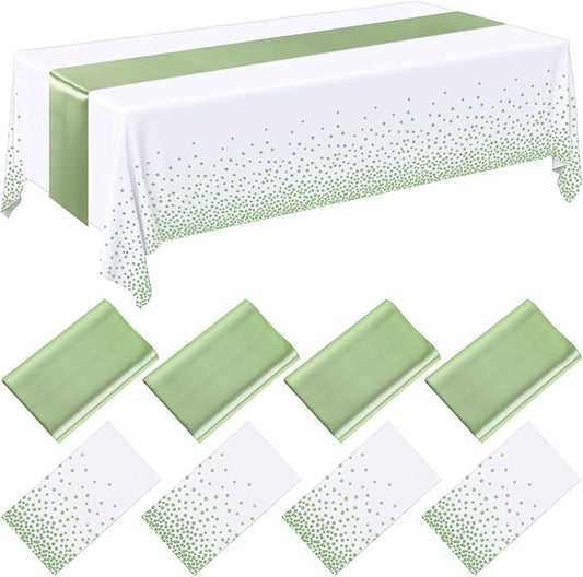 Breling 8 Pack White and Sage Green Disposable Plastic Tablecloths