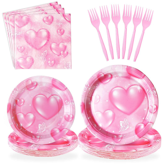 Grencian 96Pcs 2000s Party Decorations Pink Heart Plates and Napkins