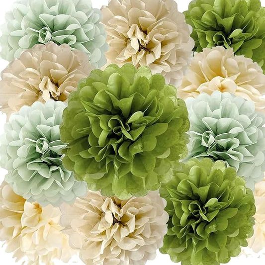 We Moment Olive Sage Green Cream Ivory Tan Tissue Paper Pom Poms