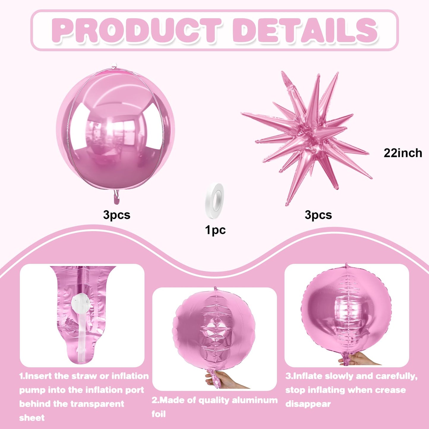 6Pcs Pink Foil Balloons,22Inch Metallic Pink 4D Round Ball Balloon and