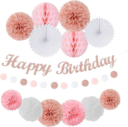 Light Pink Rose Gold Birthday Garland Party Decorations 14pcs Happy