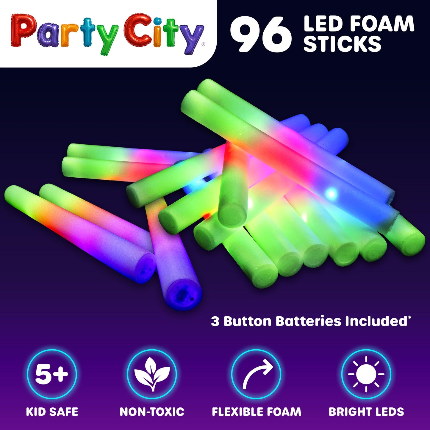 Party City 96pk LED Foam Glow Sticks 14”- Glow in the Dark Party