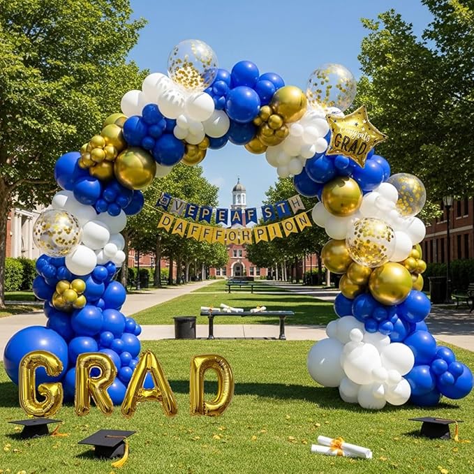 Graduation Balloon Arch Kit 128Pcs Blue White and Gold Balloon