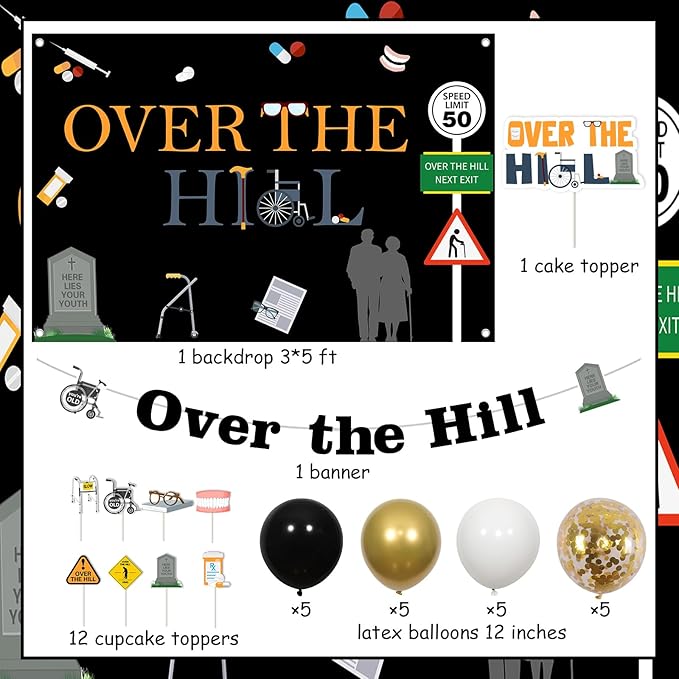 Over The Hill Birthday Decorations for Men Funny Over The Hill