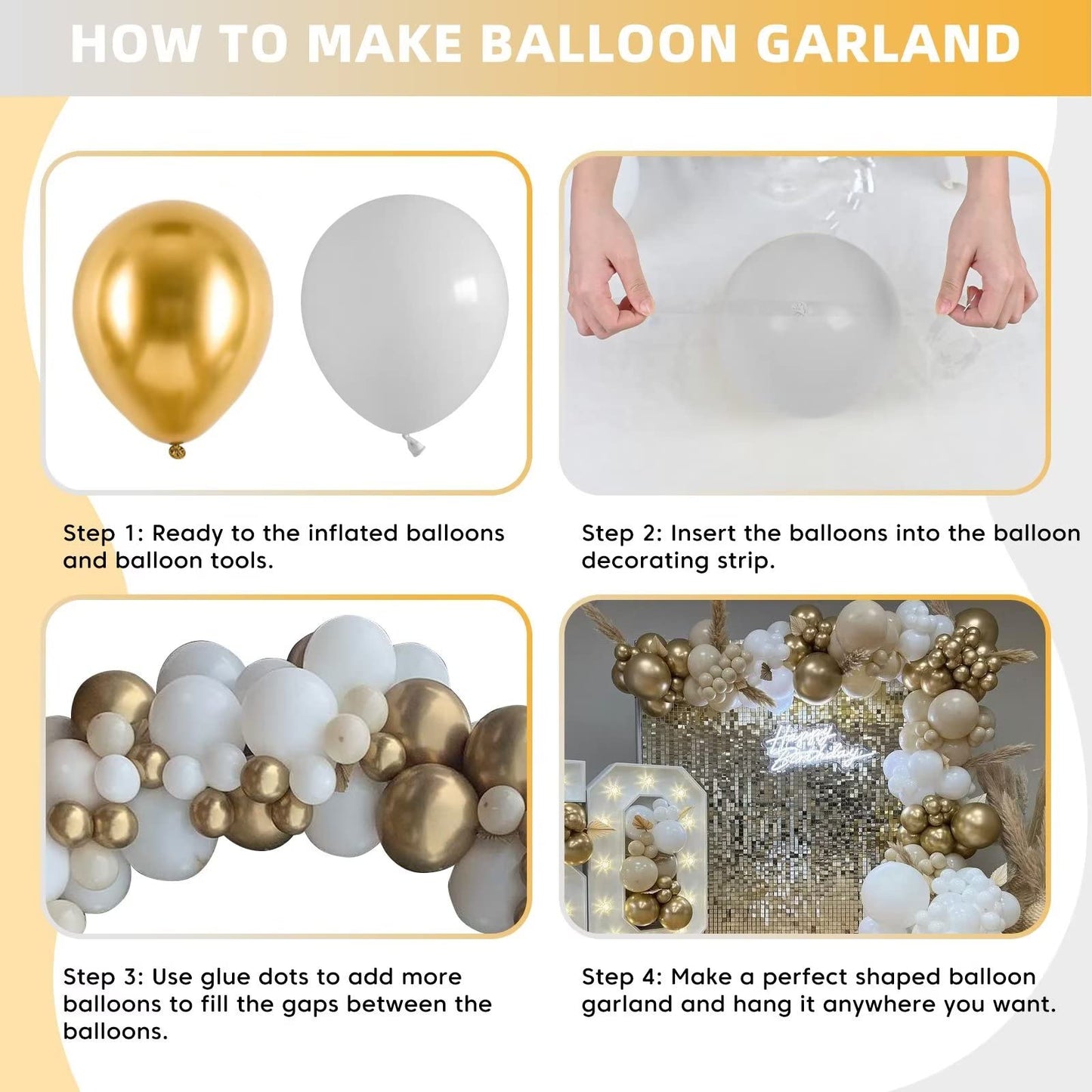 White and Gold Balloon Arch Garland Kit, Metallic Gold and Latex White