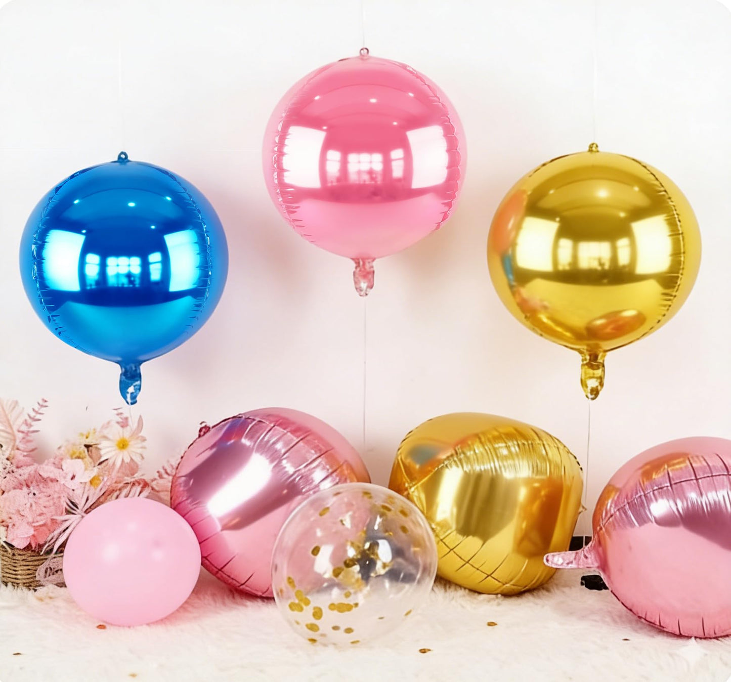 Metallic Blue Round Foil Balloons, 22" Large 4D Sphere Mylar Balloons