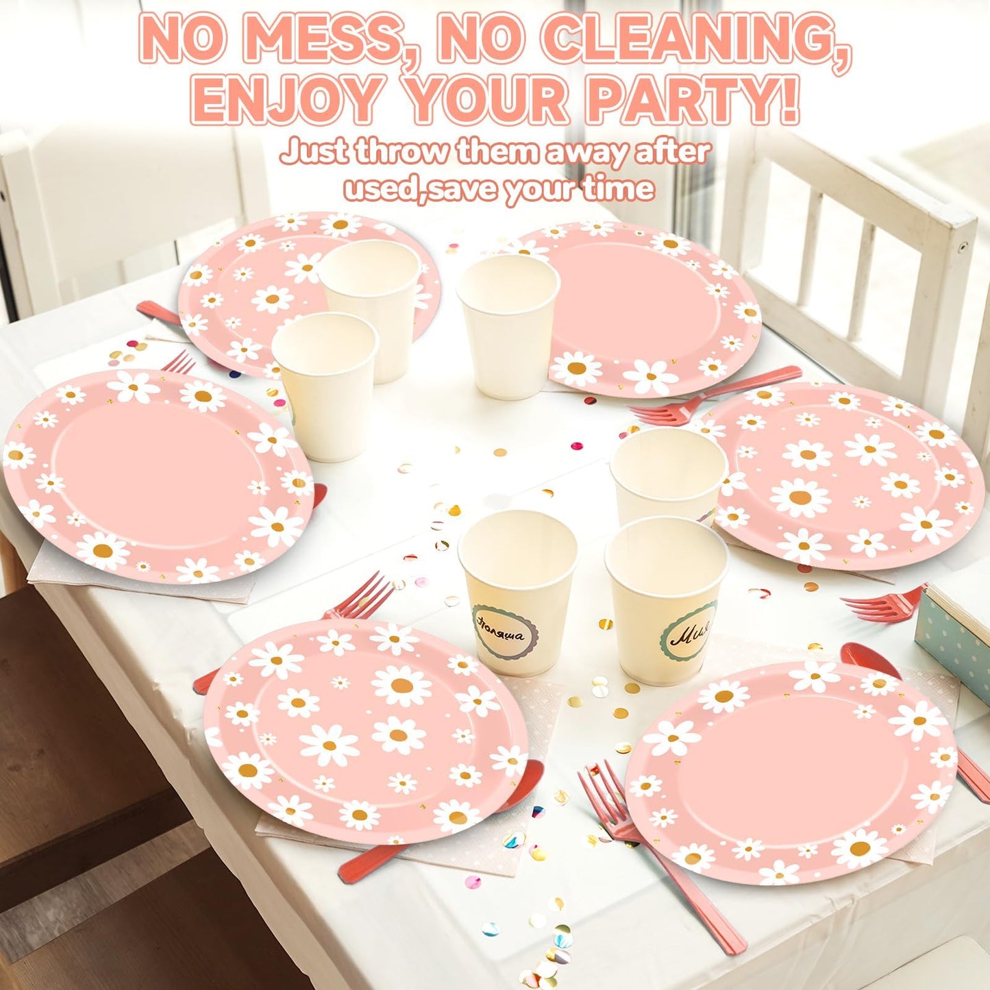 Qyeahkj 50 PCS Pink Daisy Oval Paper Plates Spring Large 11” One Two