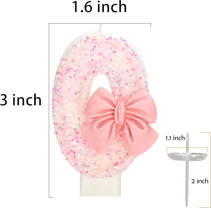 60th Birthday Candles for Cake, Pink Bow Number Cake Candles, 2.76