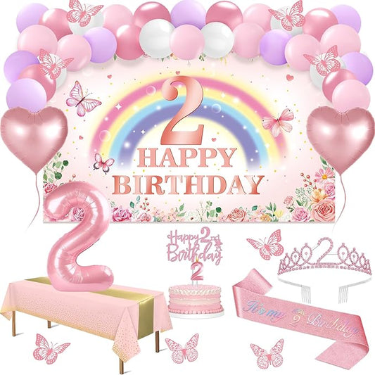2nd Birthday Decorations for Girl 47pcs Pink Flower Rainbow Banner
