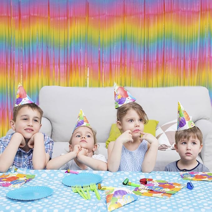Pastel Rainbow Foil Fringe Curtains, 2Pcs 3.2x8.2ft Metallic