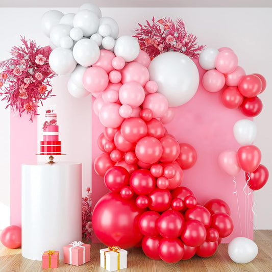Red Pink Balloon Arch & Garland Kit - White Pink Macaron & Balloons