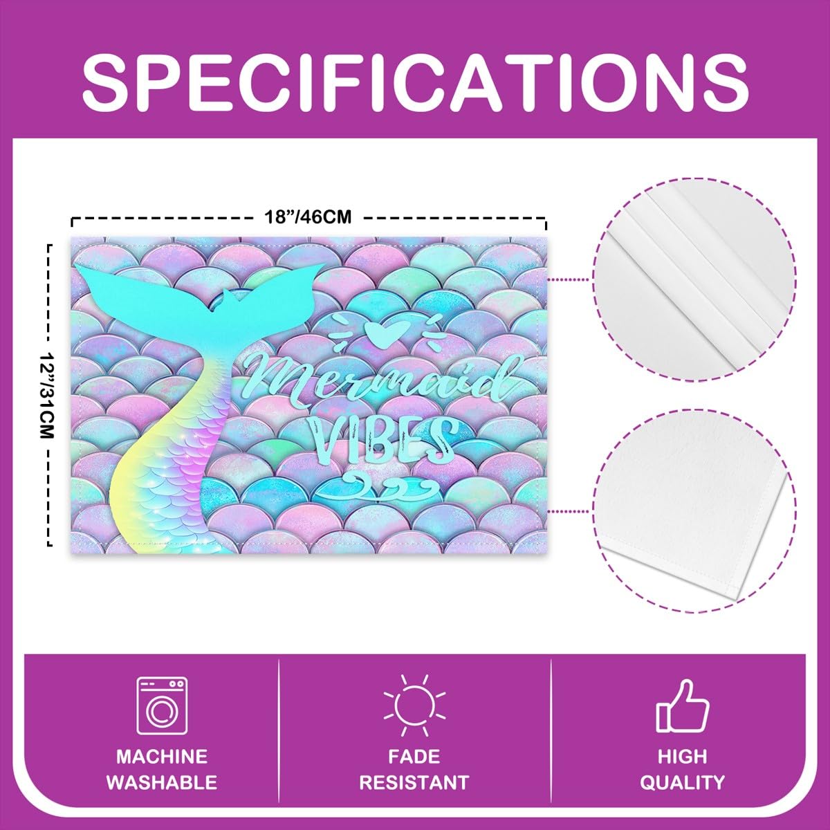Mermaid Place Mats, Fish Scales Wipeable Placemats for Indoor Outdoor