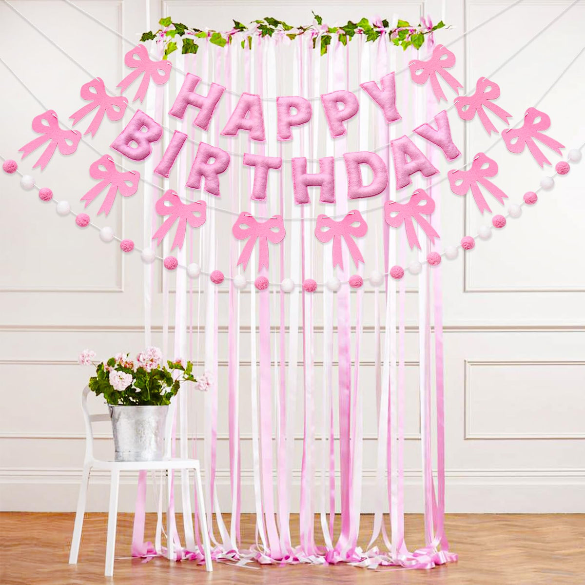 Pre-Strung Pink Bow Birthday Decorations, Reusable Coquette Party