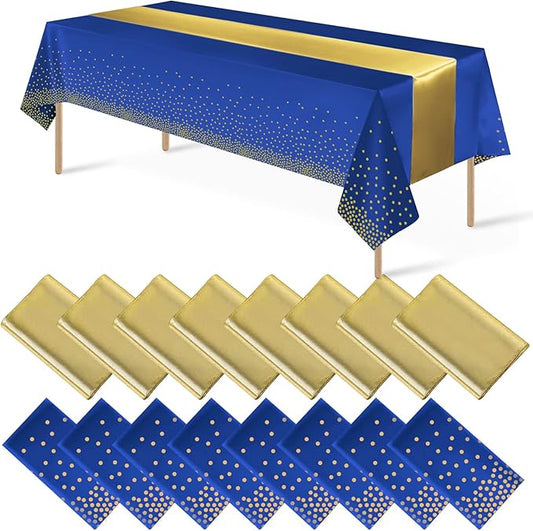 16Pack Disposable Plastic Tablecloths and Satin Table Runner Set Blue