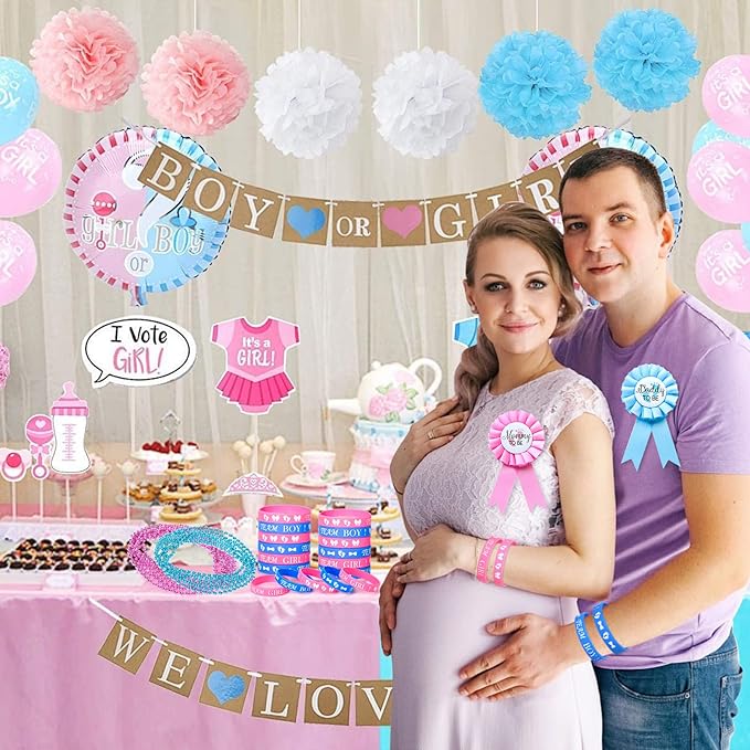 Baby Gender Reveal Party Favors Supplies Ideas Team Boy or Girl Pins
