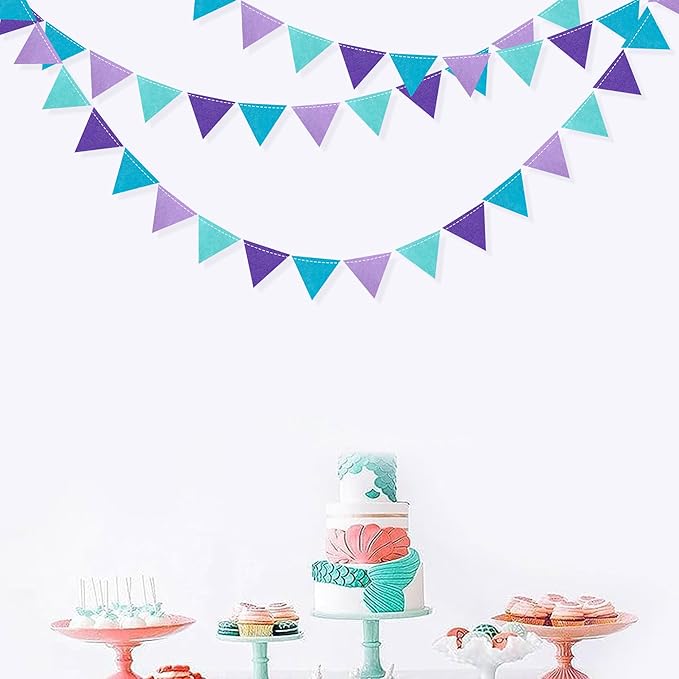 Mermaid Party Decorations Purple Teal Felt Hanging Triangle Mini