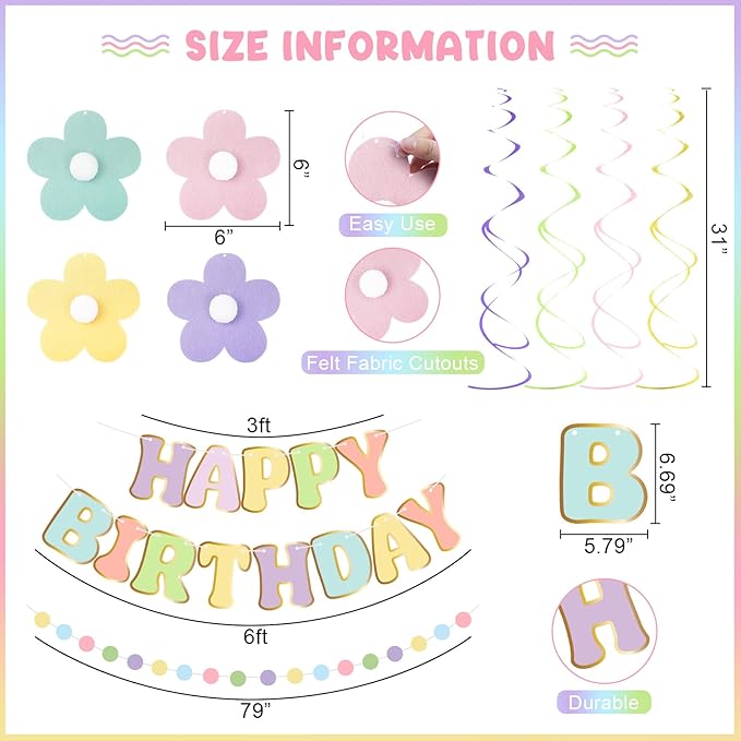 Amandir Pastel Birthday Decorations for Girls Women, Happy Birthday