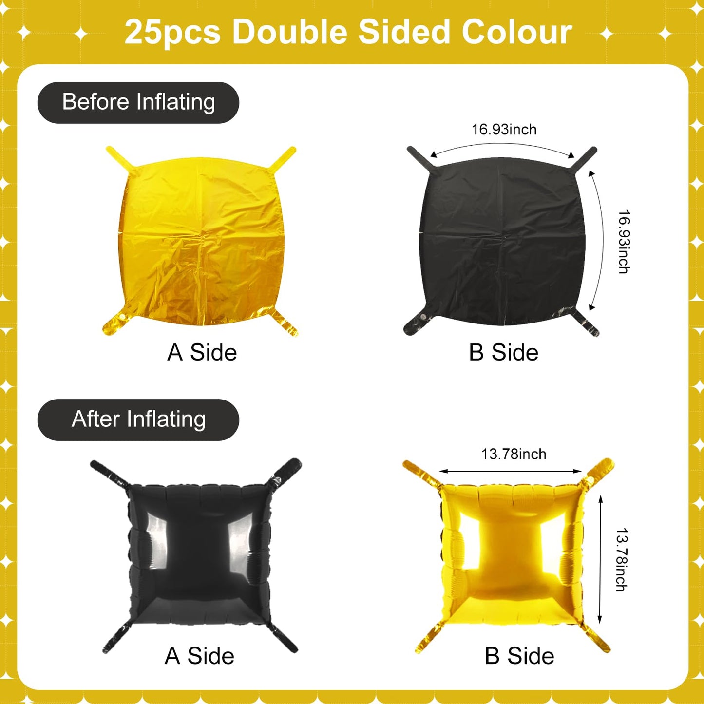 Black and Gold Square Foil Balloons 25 Pcs Metallic Black and Gold