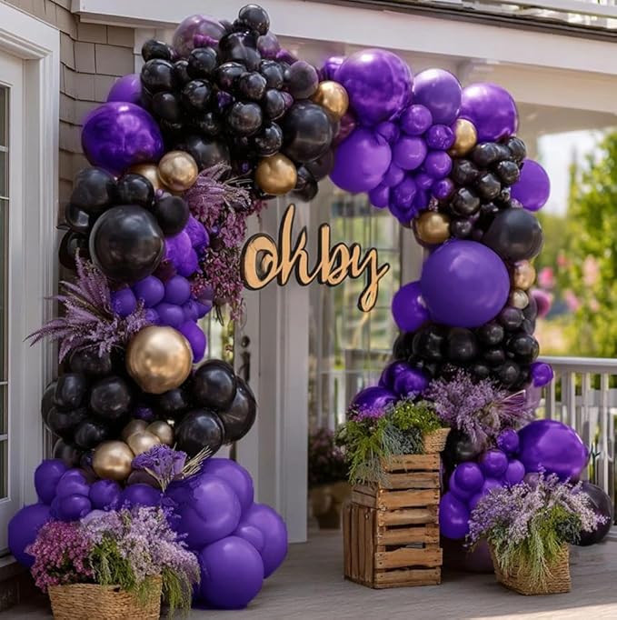 Purple Black Gold Balloon Garland Double Stuffed Dark Purple Black