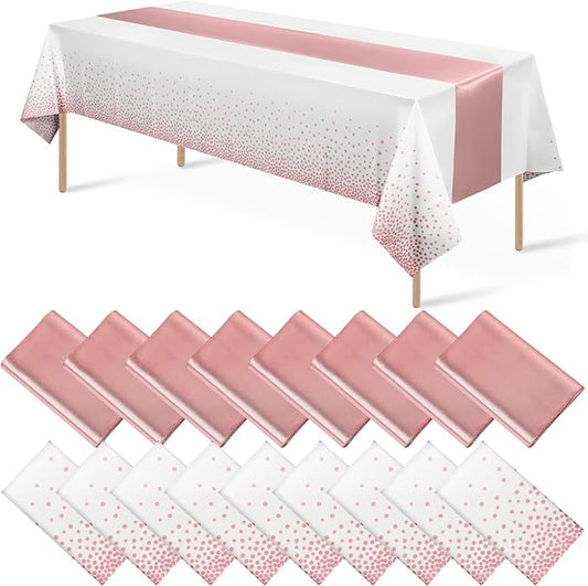 Disposable Plastic Tablecloth (White and Rose Gold Dot) And Satin