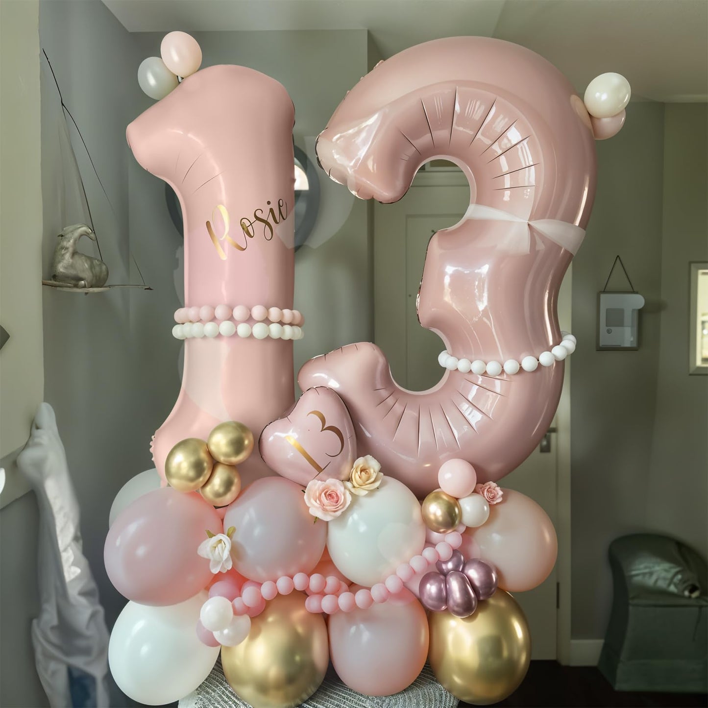 Pink 4 Balloon Number 40 Inch, Dusty Blush Pink Gold Sand White Latex
