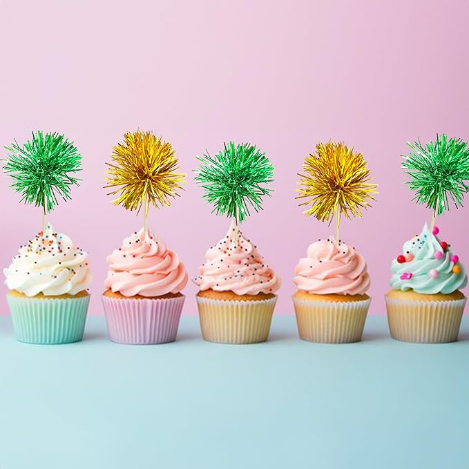 30Pcs Foil Firework Cupcake Toppers Sparkle Tinsel Cake