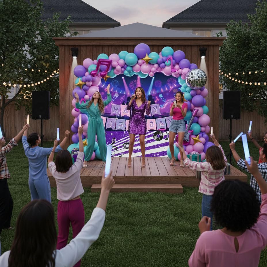 Purple pink Balloon Arch Garland Kit with Banner Musical symbols Disco