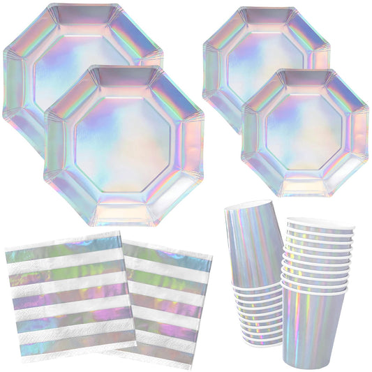 Iridescent Party Supplies - Disposable Paper Plates, Cups and Napkins