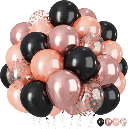 HILAVO Rose Gold and Black Balloons, 12Inch Metallic Rose Gold and