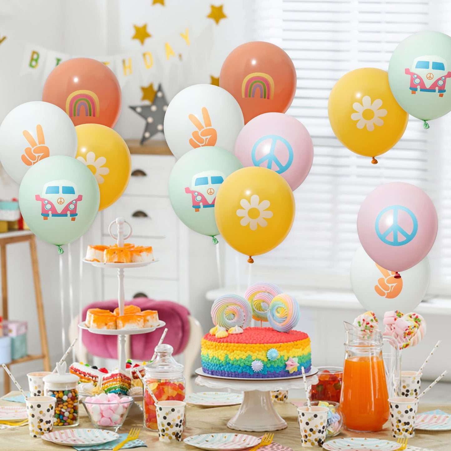ANGOLIO 50Pcs Groovy Retro Hippie Balloons Party Supplies Smile Faces